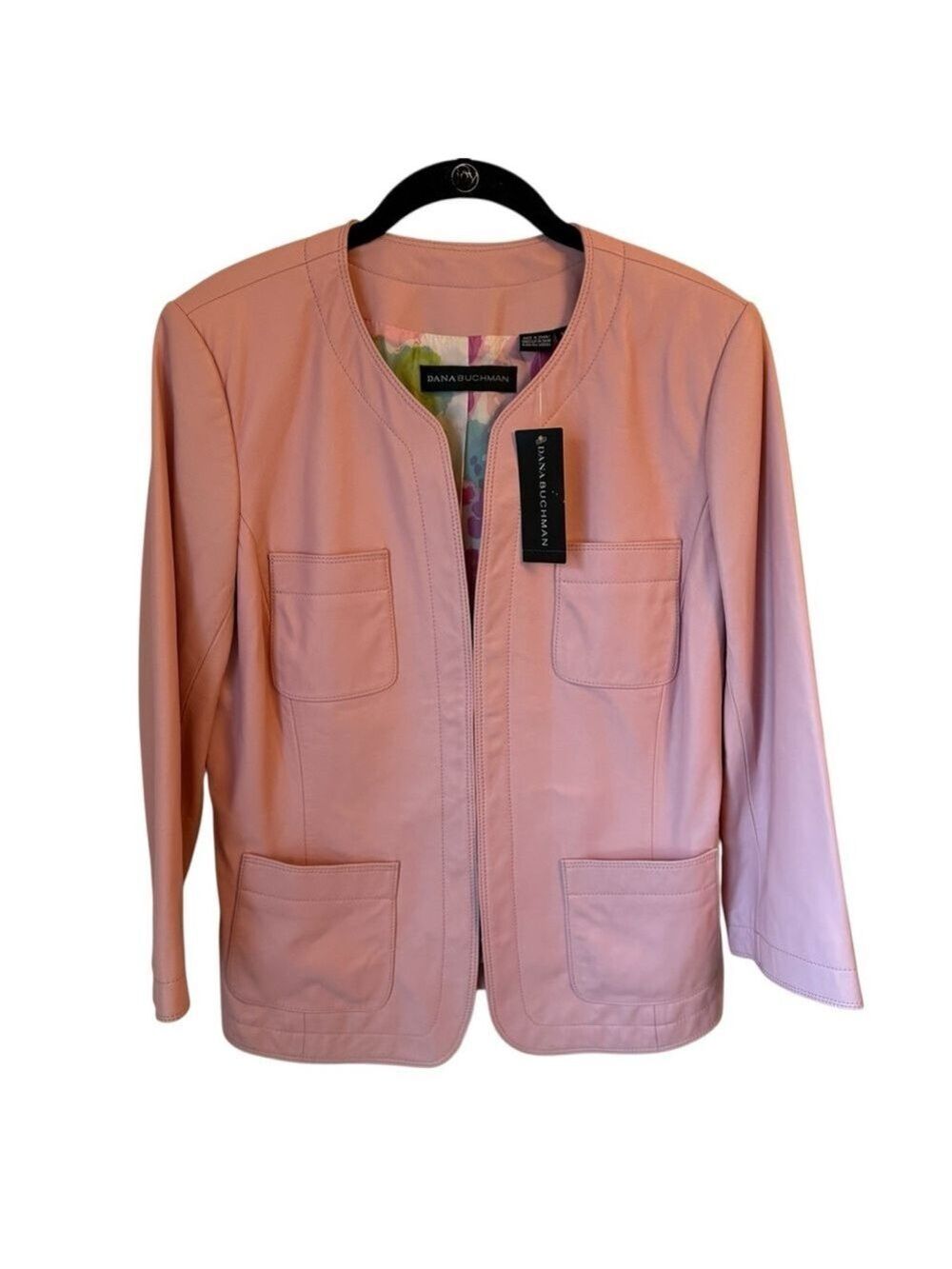 Dana Buchman Light Pink Leather Jacket Floral Lined Women’s Size 12 NWT